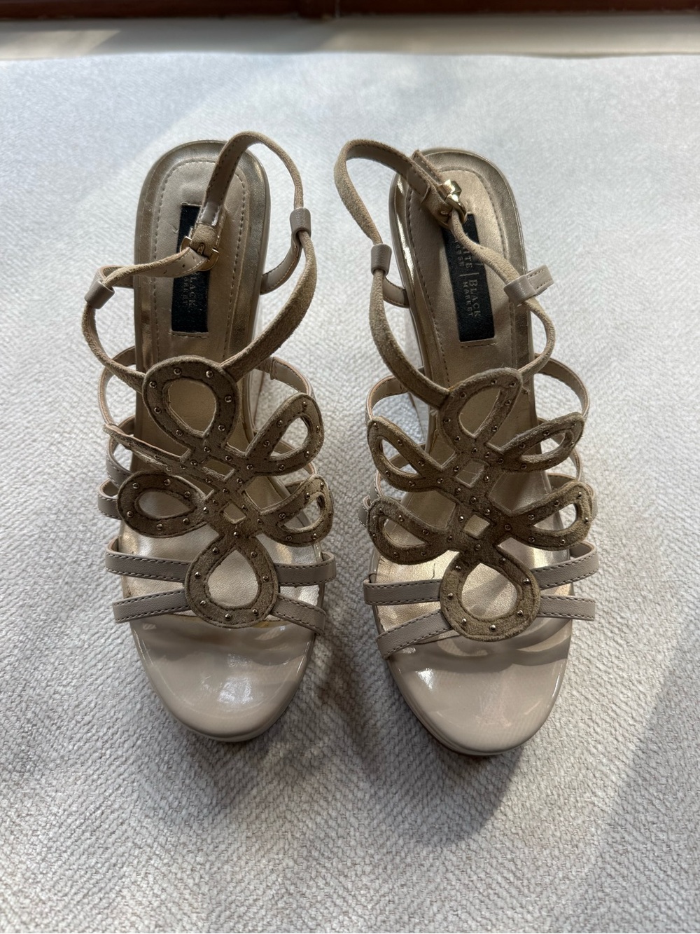 White house black market taupe embellished strappy wedges